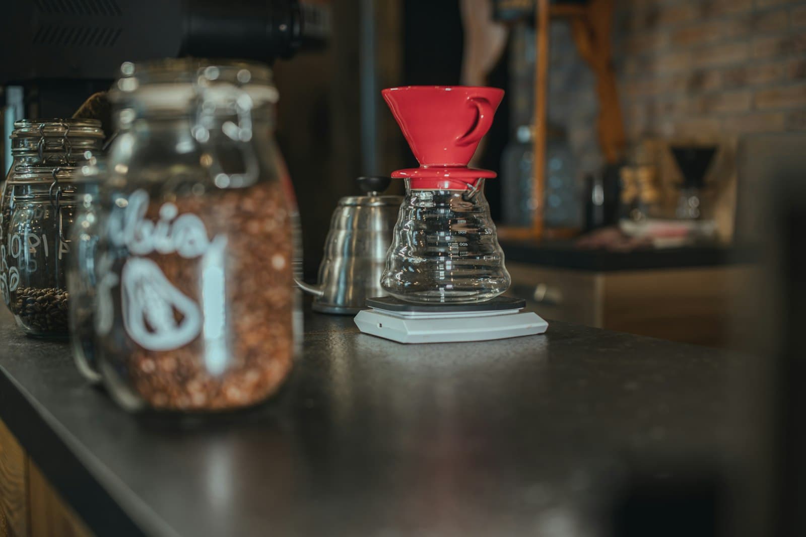 Coffee brewing equipment arranged on a corner counter