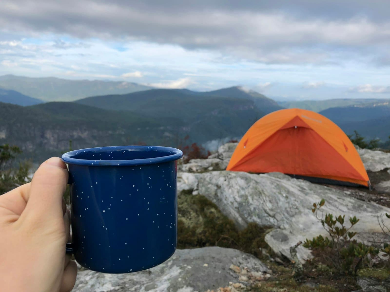A travel coffee cup resting on a rock outdoors